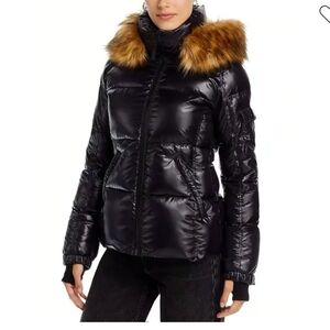 NWT Aqua XS Faux Fur-Trim Glossy Down Puffer Hooded Coat